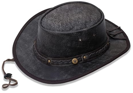 wombat leather Australian Hat - Distressed Leather Cowboy Bush Hats for Men and Women, Foldable Aussie Adventure Safari Outdoor Outback Fishing and Walking Pursuits, Chin Strap - Medium Brown