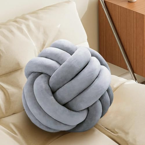 Silver Knot Pillow Ball, Fluffy Handmade Decorative Throw Pillow, Soft Round Knotted Cushion for Couch & Bedroom, Cute Home Decor Ball Pillow for Living Room (10.6 Inches)