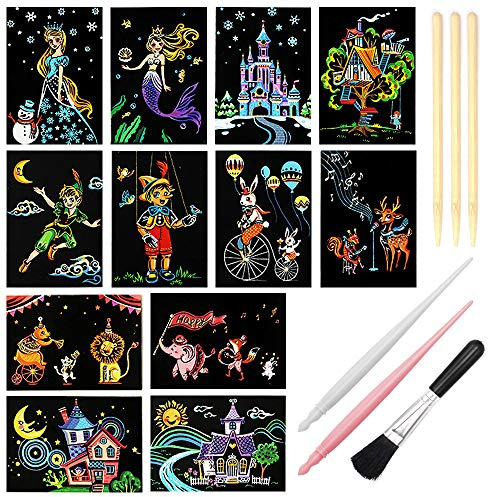 Magic Scratch Art Paper(7.9x5.5) Rainbow Landscape Engraving Art Mini Scratchboard DIY Pads for Adults and Teens, Crafts Set: 12 Sheets Scratch Postcard Cards & Drawing Pens, Brush Tools(Dreamtopia)