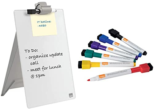 Nobo Set Glas-Whiteboard Desktop-Notizboard + 6er-Pack Mini-Marker, Trocken Abwischbare Glas-Oberfläche, Tragbar, Rahmenlos, 216 x 297 mm, A4, Inkl. abnehmbarem Clip, Brilliant Weiß, 1905173 + 103792