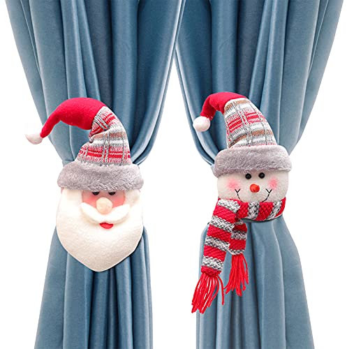 2 Pack Christmas Curtain Tiebacks Santa Claus Snowman Curtain Buckles Holdbacks Christmas Curtain Buckle Clips Window Strap Buckle Holder Adjustable Curtain Straps for Bedroom Living Room Decoration