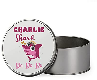 Personalised Girl Shark Do Gift for Kids-Girls Birthday Gift BACK TO SCHOOL Portable Metal Tin Storage Box Biscuit Chocolate Tin Emergency Stuff Tin. (Round)