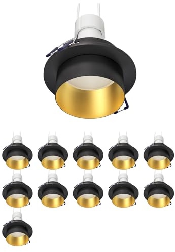 ledscom.de 12x Deckeneinbaurahmen KRON, rund, schwarz/gold matt, inkl. GU10 LED 450lm, warmweiß