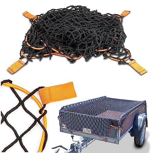 CargoVA® Intelligentes Anhängernetz dehnbar 1,2x2,5 bis 2x4 M - elastisches Hängernetz schwarz mit Gummiseil und Eckenmarkierung - für die perfekte Ladungssicherung