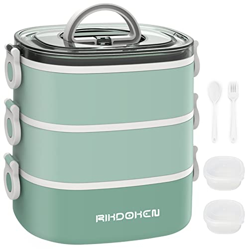 Lunch Box, Contenitori Impilabili a 3 Strati, Bento Box Portatile a Tenuta Stagna da 2800ml con Cucchiaio, Forchetta e Scatole per Salse, Lunch Box Adatto al Microonde per Bambini e Adulti
