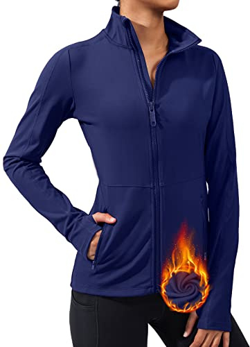VUTRUGiacca sportiva da donna, corsa a maniche lunghe, fori per pollice, Blu – Giacca in pile