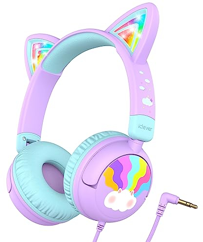 iClever Casque Audio Enfant, d'oreilles de Chat avec Éclairage LED, Volume Limité 85dba, Son Stéréo, Casque d'Écoute pour Enfants Pliable avec Fil 3.5 mm, pour ipad, Tablettes, Voyages, l'École