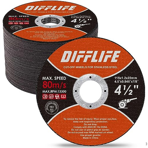 DIFFLIFE Cut-Off Wheels Cutting Wheel Disc 4-1/2x3/64''x7/8'' Thin Metal Stainless Steel Cutting Cut Off Disc 50 Piece