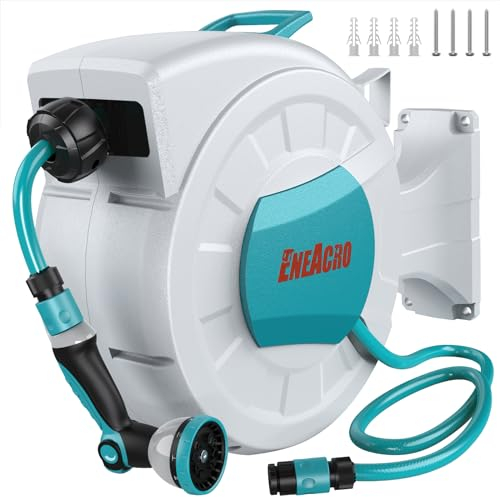 ENEACRO Avvolgitubo retrattile da parete 20M, girevole a 180° con ugello spray 10 in 1 e tubo di piombo, Riavvolgimento Automatico con Sistema di Blocco