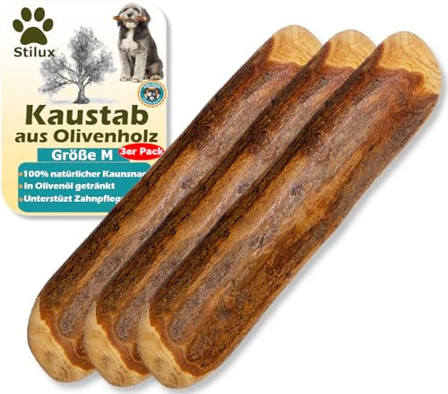 Stilux® 3er Set Kauhloz aus Olivenholz für Hunde bis 20Kg, Größe M, Kauknochen Hundespielzeug, langlebiges Holzknochen Kauspielzeug zur Hund Zahnpflege