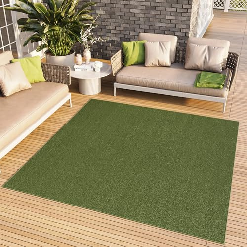 TAPISO Mono Quadrat Teppich Grün Khaki Indoor Outdoor 120 x 120 cm | Kurzflor UV-beständig Einfarbig Wohnzimmer Schlafzimmer Kinderzimmer Modern Design OEKO-TEX