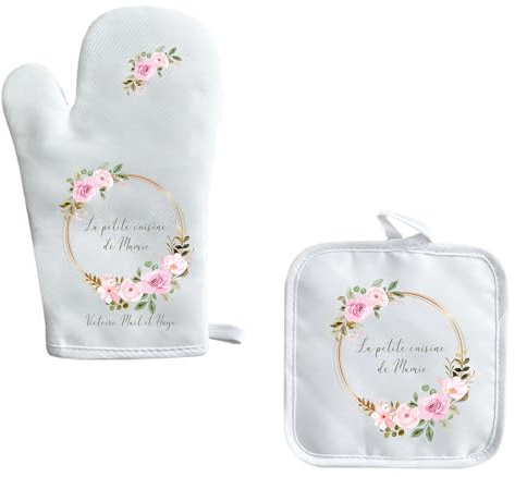 Gant et Manique Personnalisés La Petite Cuisine de Mamie – Couronne de Fleurs Élégante – Cadeau Fête des Grands-Mères – Inscription avec Prénom des Petits-Enfants