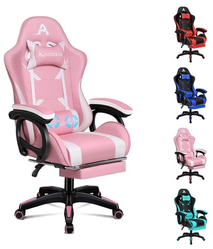 ALFORDSON Gaming Stuhl Massage Gamer-Stühle,ergonomischer Bürostuhl Computerstuhl einziehbar Fußstütze,ergonomisch Schreibtischstuhl bis 180 kg,360° Drehstuhl Rückenlehne 90-150°neigbar,PU-Leder,Rosa