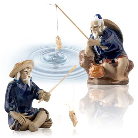 HESUSUSI Statue Pêcheur 2 Pièces Figurines Ornement Poisson Nain Vieil Homme pour Décorations Bonsaï Micro Paysage Aquarium