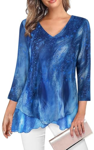 Adigaber Camicie da Donna di 3/4 Manica a Scollo a V Bluse | Taglio largo，Orlo asimmetrico，Doppio strato，Chiffon，Fluido，Leggero，Colore unito，Casual，Camicia da ufficio，Stampato