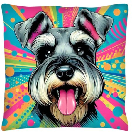 The Beach Stop Colourful Schnauzer Dog Accent Cushion Cover | Home Decor Inspo | Gift Idea for Men Women Boys Girls & Pets | 45x45cm 18x18” | Colourful Schnauzer