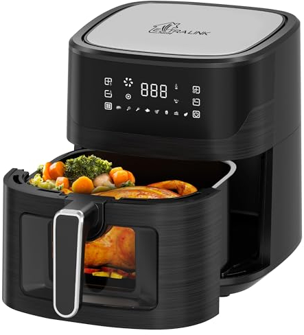 Extralink 1600W Airfryer 6.5L - Heißluftfritteuse mit 8 Kochfunktionen, Friteuse Heißluftfritteuse, 80°C bis 200°C, Energiesparend, LED-Touchscreen, 90% Weniger Fett für Gesunde Mahlzeiten