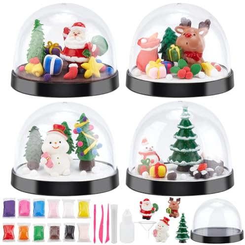 WEBEEDY DIY Weihnachten Schneekugel Making Kit 4 Sets Make Your Own Globe Kit mit 4 PCS Weihnachtsmann Hirsch Weihnachtsbaum Figuren Ornament für Geschenk zu Weihnachtene Sculpting Crafts