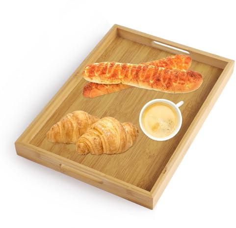 Wooden Tray, Bamboo Serving Tray with Handles, Wooden Serving Tray Rectangular Trays for Food Serving Rustic Wooden Serving Tray for Coffee Tea Snack(38x26x4cm)