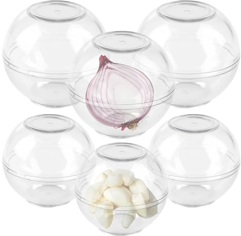 BAIFULAI 6 recipientes para cebollas, bolas de conservación de ajos y cebollas, frigorífico, plástico, 7 y 9 cm de diámetro, transparente, almacenamiento de ajos y cebollas