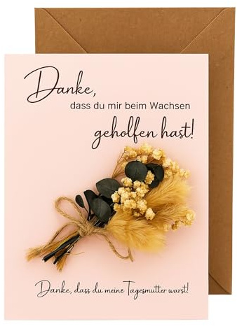 Milaboo® Tagesmutter Abschiedsgeschenk Karte mit echter Trockenblumenstrauß und Briefumschlag I besondere Karte für Abschied Erzieherin I Abschiedsgeschenk Kindergarten (Karte)