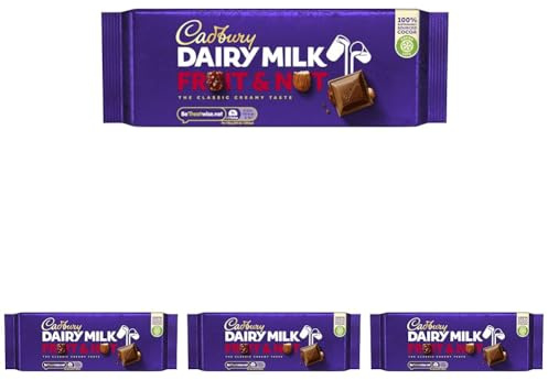 Cadbury Dairy Milk Fruit and Nut Bar, The Classic Creamy Taste, For Sharing, Gifting and Snacking, 180 g (Pack of 4)