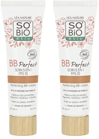 LÉA NATURE SO BiO étic| BB Crème 5 en 1 certifiée Bio - Perfect | Médium | Hydrate – Unifie – Lisse – Protège la peau | Hydrolat d'hibiscus bio | SPF 10 | Vegan | Made in France| Lot de 2x30 ml