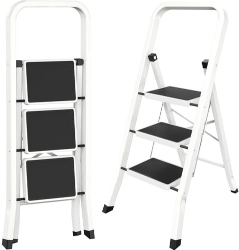 AMHANCIBLE Scaletta 3 Gradini, Scala Pieghevole con Pedali Antiscivolo, Corrimano, Blocco di Sicurezza, Scala Domestica Leggera per Casa Giardino Cucina, Portata 150 kg, Bianco EBSL03WT