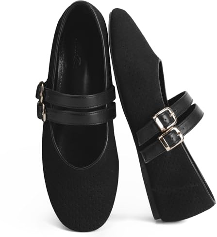 UBWDU Suede Mary Jane Flats for Women Perforated Round Toe Ballet Flats Comfortable Ballerina Shoes with Double Buckle Strap, Black, 4 UK