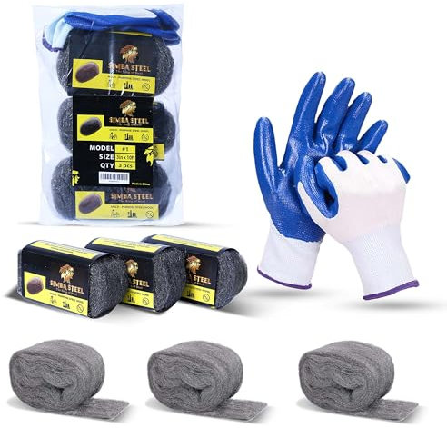 SIMBA Steel Lana – Paquete de 3 lana de acero de 3 pulgadas x 10 pies con guantes, ideal para sellar huecos y agujeros en el hogar, garaje, tuberías y rejillas de ventilación