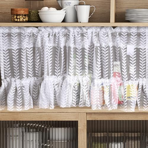 KnSam Scheibengardinen, Küche Gardinen Kurz Fenster Vorhang Weiss Halbtransparent H 100 x B 150 cm Bistrogardine 1er Küchengardinen Gardinen