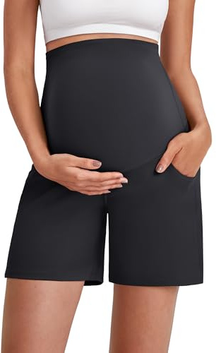 G4Free Pantalones cortos de maternidad con bolsillos, atléticos, elásticos, ropa de maternidad para embarazo, yoga, pantalones cortos de verano para motociclista, Negro, M