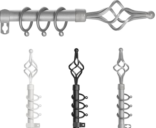 TWIST Curtain Poles for Window, Metal Extendable Curtain Poles Heavy Duty Curtain Rod Includes Finials, Rings, Brackets & Fittings Set (Silver, 160cm to 300cm)