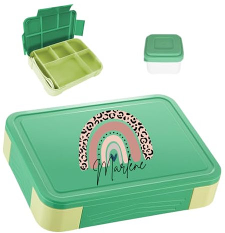minimutz Fiambrera personalizada, fiambrera infantil con muchos compartimentos, fiambrera con nombre, sin BPA, a prueba de fugas, juego de caja de bento con estampado multicolor de arcoíris (verde)