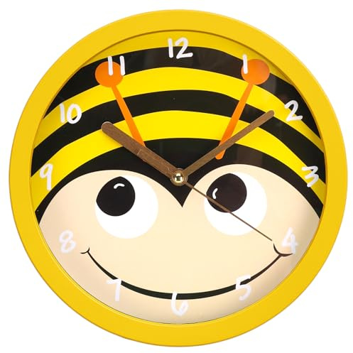 MIJOMA Kinder-Wanduhr Tiermotive – Lernuhr für Kinderzimmer, geräuschlos, 20 cm, niedliche Designs für Jungen & Mädchen (Biene)