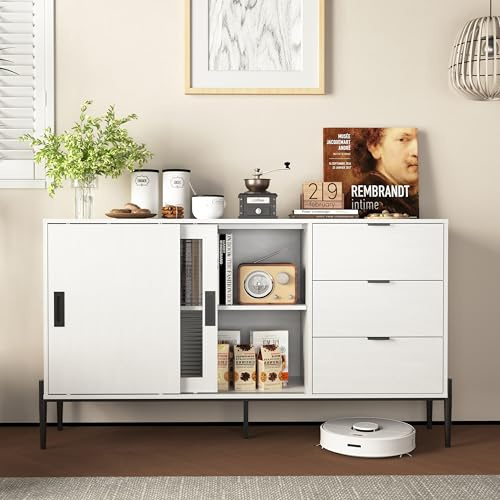 Arhatreya Buffet moderne avec porte coulissante en verre et 3 tiroirs, table console pour entrée, buffet de cuisine pour couloir, entrée, cuisine, bureau, blanc