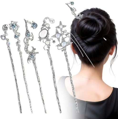 5pcs Star Moon Chopsticks Hair Chop Sticks For Buns Chop Long Metal Silver Retro Style Chinese Hanfu Asian Vintage Forks Bun Updo Holders With Pearl And Pendants Women Girls Styling