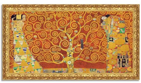 LuxHomeDecor Gustave Klimt - L'albero della vita (rosso) - Quadro stampa su tela effetto dipinto con cornice in legno oro classico - 130x70 cm