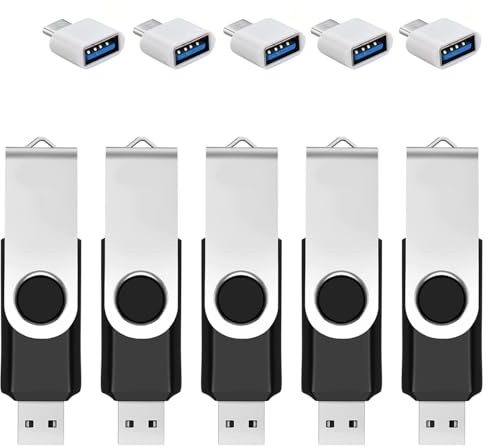 5-pack 128 GB USB-minne med typ C-adapter och förvaringslåda, USB 2.0 flashdrive, 360° vridbar minne för mobiltelefon/kudde/PC/laptop/Android – svart (5-pack 128 GB)