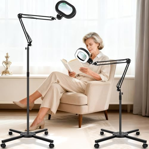 KIRKAS 12X Large Floor Magnifying Glass with Light and Stand, Infinite Color Dimmable 2 in 1 Lighted Magnifier lamp for Close Work, Reading,Craft,Sewing,Hobby, 4 Wheel Rolling Stable Base Esthetician