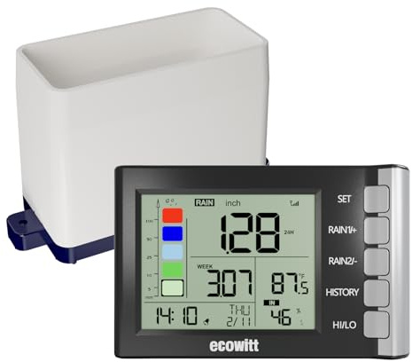 ECOWITT WH5370AE Rain Gauge Sensor Mini WN20 + High Precision Digital 3-in-1 Display with Indoor Thermometer-Hygrometer, Wireless Self-Emptying Rain Collector Rainfall Meter, 0.3mm Resolution, RF