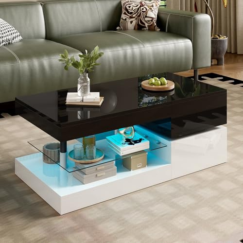 OKMYHOME Table Basse LED avec APP et Bluetooth, 90 × 45 cm | Hauteur 35.5 cm, finition laquée haute brillance, noir et blanc, design moderne, pour salon