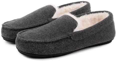 totes® toasties® Men’s Felt Moccasin Slipper with Sherpa Lining, Memory Foam for Extra Comfort, Warm Faux Fur Lining, Machine Washable, Durable Sole, Grey, M
