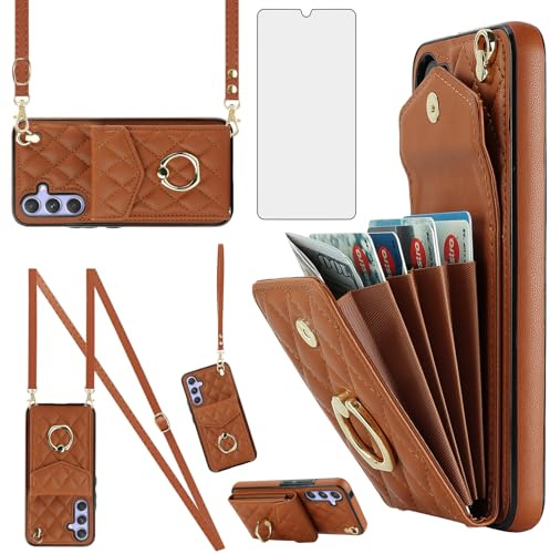Asuwish Phone Case for Samsung Galaxy S25 FE 5G Wallet Cell Cover with Tempered Glass Screen Protector Crossbody Wrist Strap Ring RFID Blocking Card Holder S 25 EF S25FE 25S 25FE Women Men Girls Brown