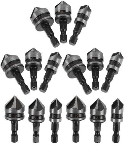 NOLITOY Juego de Brocas Avellanadoras para Madera y Metal Vástago Hexagonal de 90° 15 Piezas 19Mm 16Mm 12Mm Diseño de Cinco Filos para Avellanado y Biselado Profesional