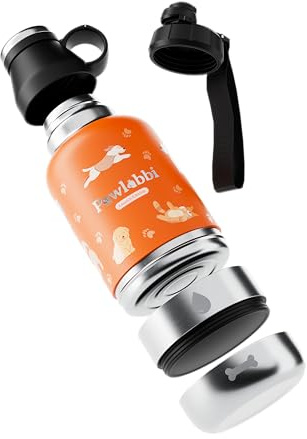 Pawbottle® Thermoflasche mit 2 Näpfen – Trinkflasche für Hunde & Katzen (960 ml + 2×100 ml, Orange) + Schnellverschlussdeckel geschenkt