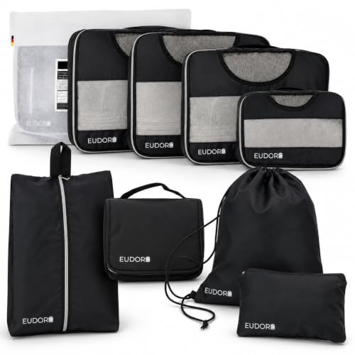 EUDORE Kompressions Kofferorganizer Set, 8-teilig, Schwarz/Silber | Platzsparende Packing Cubes, Mit Sichtfenster, Wasserabweisend & reißfest, Inkl. hängender Kulturtasche, Inkl. Schuhbeutel