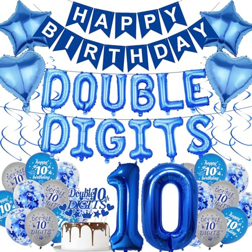 10. Geburtstag Deko Jungen Blau - 41 Stück Happy Birthday Banner Double Digits Zahl 10 Folienballons Latexballons Cake Cupcake Toppers Hängende Wirbel für Jungen und Mädchen Geburtstagsdeko