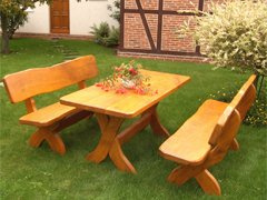Gartengarnitur Salzburg, Eiche massiv, 3-teilig (2 Bänke, 1 Tisch) aus Massivholz