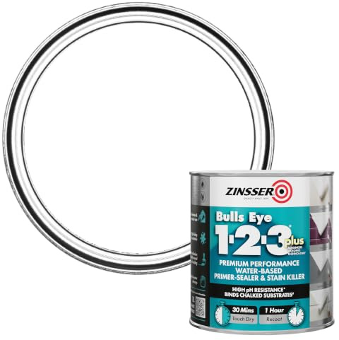 Zinsser BULLS EYE 1-2-3 *PLUS*** 1 litre Ready Mixed Colour - White | Water-based primer, sealer and stain blocker with strong adhesion for interior and exterior surfaces.